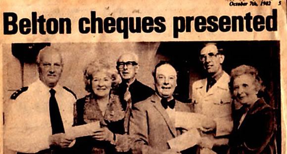 Stanley and Grace Sinfield presenting a charity cheque in Great Yarmouth in 1987